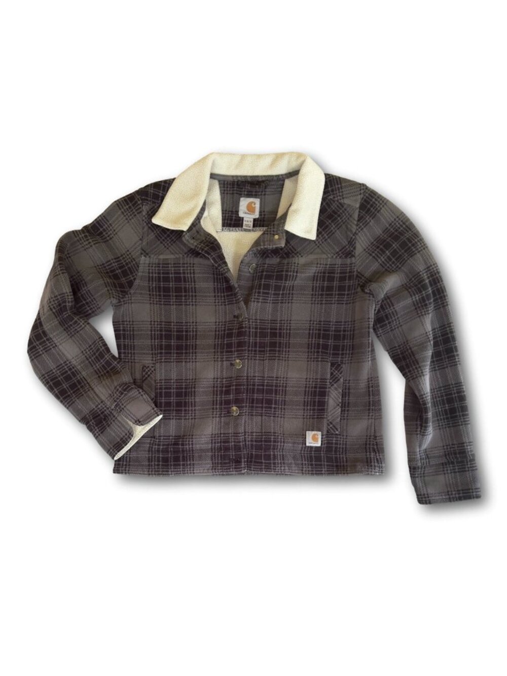 Carhartt Cedar Sherpa Lined Plaid Fleece Jacket Women's Medium M 8/10 Charcoal